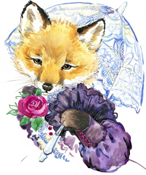 عکس با کیفیت نقاشی روباه با چتر و گل